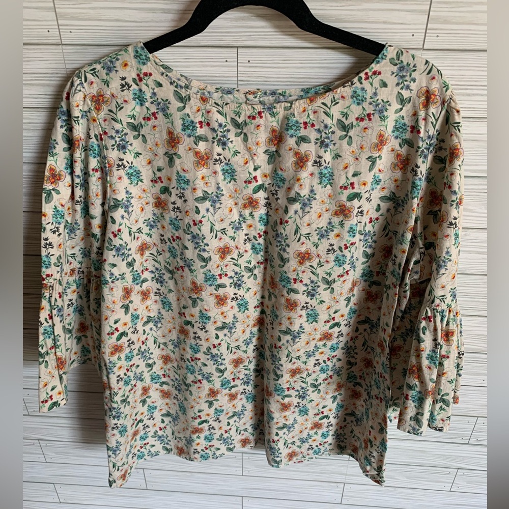 Cottage core Womens Cream Floral 3/4 Sleeve Blouse 100% cotton